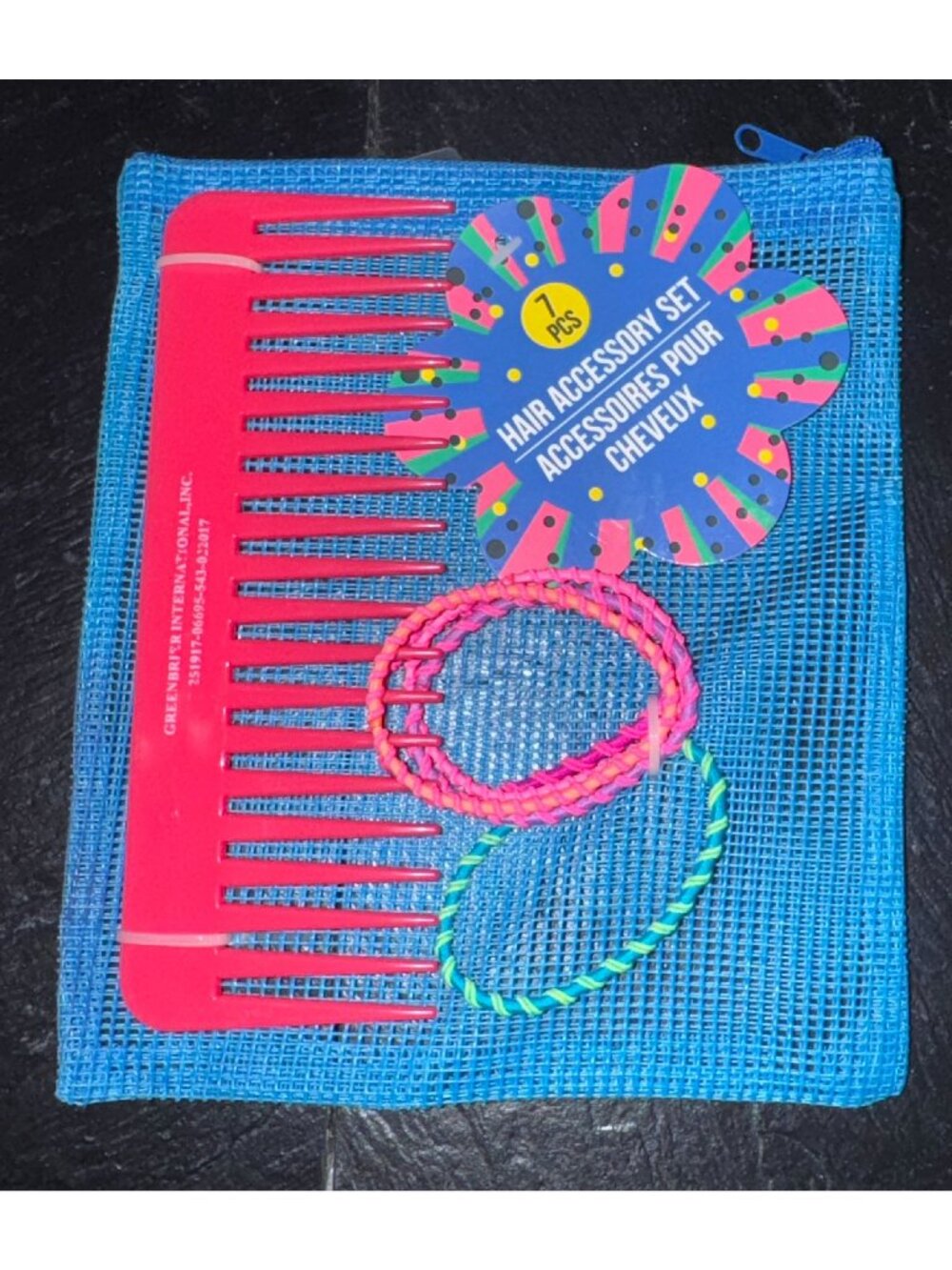 7-Piece Hair Accessory Set With Comb & Braided Hair Ties In Blue Mesh Bag